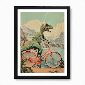 Dinosaur Riding A Bike Retro Collage Art Print