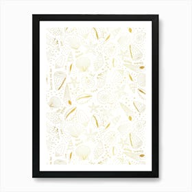 Scattered Seashells and Surfer Lingo Golden Gradient and White Line Art Art Print