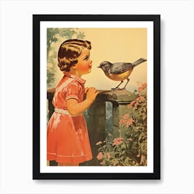 Vintage Retro Kids With Bird Illustration Kitsch 5 Art Print