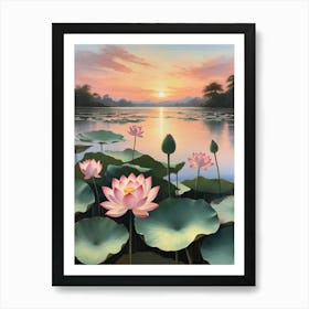 India National Flower the Lotus Flower Landscape Art Print