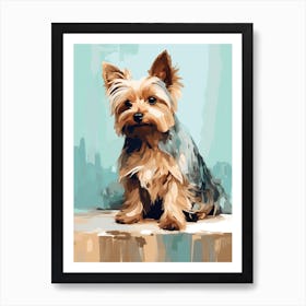 Yorkshire Terrier Dog, Painting In Light Teal And Brown 1 Art Print