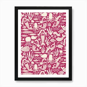 Underwater Mermaids and Sea Life Block Print White on Magenta Pink Kids Art Print