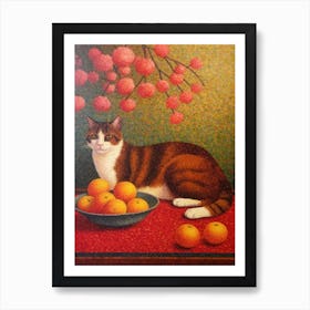 Camellia With A Cat 2 Pointillism Style Art Print