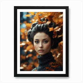 Beautiful Girl In Autumn Leaves Art Print