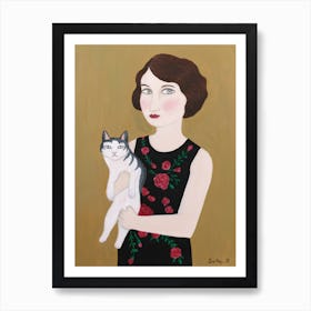 Woman In Rose Dress With Cat Art Print