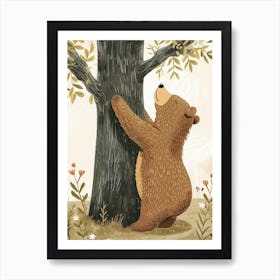 Brown Bear Scratching Its Back Against A Tree Storybook Illustration 2 Art Print