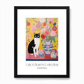 Cats & Flowers Collection Sweet Pea Flower Vase And A Cat, A Painting In The Style Of Matisse 1 Art Print