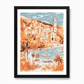 Italy, Portofino Cute Illustration In Orange And Blue 0 Art Print