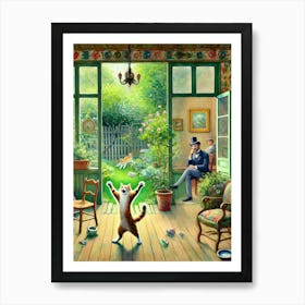 Joyful Cat in a Victorian Garden Poster