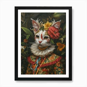 Cat In Medieval Floral Clothing Art Print