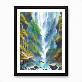 A Serene Landscape Of A Deep Gorge With Cascading Waterfalls Art Print