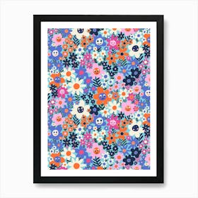 Vibrant Happy Meadow of Smiling Flowers Kids Art Print