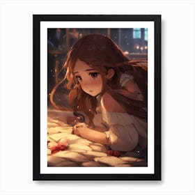 Anime Girl Laying On Bed Art Print