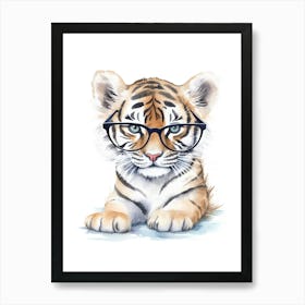 Smart Baby Tiger Wearing Glasses Watercolour Illustration 2 Art Print