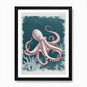 Linocut Inspired Navy Red Octopus With Coral 5 Art Print