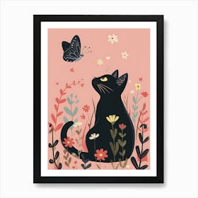 Black Cat With Butterfly Art Print