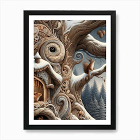 Squirrel In Winter inspired by William Morris AI Art Print