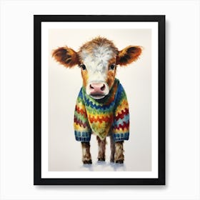 Baby Animal Wearing Sweater Cow 1 Art Print