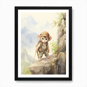 Monkey Painting Hiking Watercolour 3 Art Print