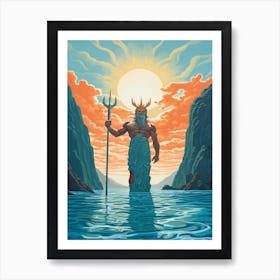  A Retro Poster Of Poseidon Holding A Trident 12 Art Print