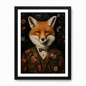 Fox Portrait With Rustic Flowers 0 Art Print