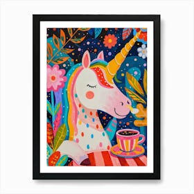 Floral Fauvism Style Unicorn Drinking Coffee 2 Art Print