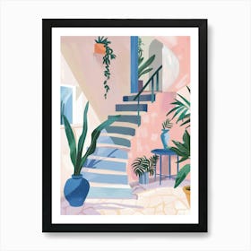 House With Stairs And Potted Plants Art Print