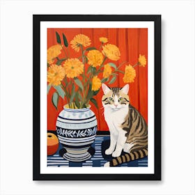 Marigold Flower Vase And A Cat, A Painting In The Style Of Matisse 5 Art Print