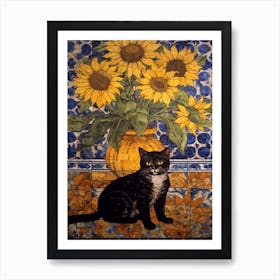 Sunflower With A Cat 3 William Morris Style Art Print