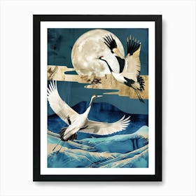 Cranes Flying Gold Blue Effect Collage 4 Art Print