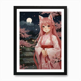 Anime Girl In Pink Kimono Art Print