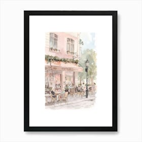 Paris Street Cafe Scene Pink Illustration Watercolour Art Print