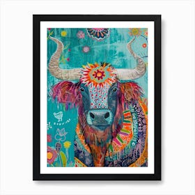 Kitsch Colourful Highland Cow 1 Art Print
