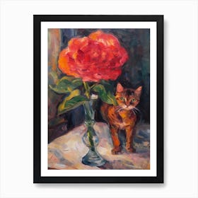 Flower Vase Rose With A Cat 1 Impressionism, Cezanne Style Art Print