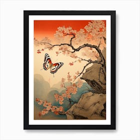 Butterfly & Cherry Blossom Japanese Style Painting Art Print