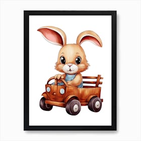 Rabbit Bunny On A Toy Car, Watercolour Nursery 3 Art Print