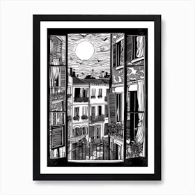 A Window View Of Venice In The Style Of Black And White  Line Art 4 Art Print