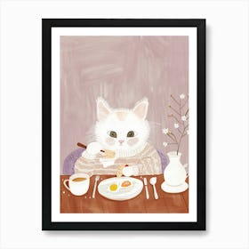 White And Tan Cat Having Breakfast Folk Illustration 3 Art Print