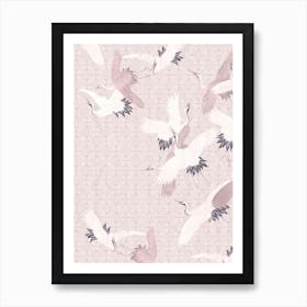 Vintage Japanese Egret Birds Flight Pastel Pink Art Print