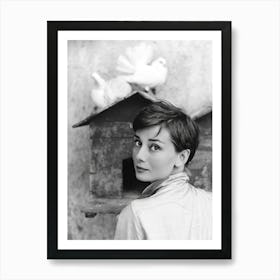 Audrey with Doves, Vintage Black and White Old Photo Art Print