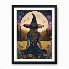 Cottagecore Country Witch - Beautiful Vintage Style Victorian Witchcore Full Moon Witchy Pagan Fairytale Line Art of a Young Witch Sitting in a Summer Meadow of Flowers, Litha Witch Goddess Wheel of the Year Wiccan Festival Celestial Tarot HD Art Print