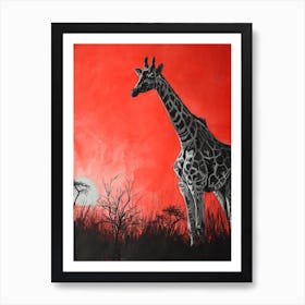 Red Silhouette Giraffe 2 Art Print