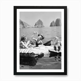 Women Eating Pasta, Women Relaxing on Float on a Lake, Vintage Black and White Old Photo Art Print