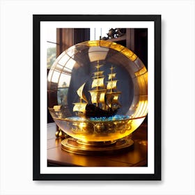 Ship In Gold Globe Art Print