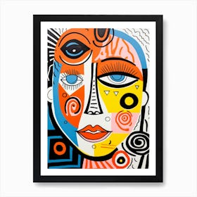 Colourful Linocut Inspired Face Illustration 4 Art Print