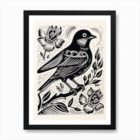 B&W Bird Linocut Sparrow 1 Art Print