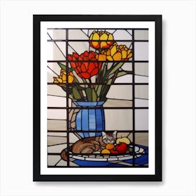 Proteas With A Cat 2 De Stijl Style Mondrian Art Print