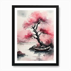 Small Boat Ink Painting Pink Art Print