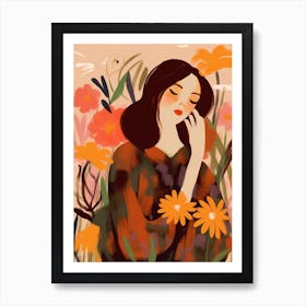 Woman With Autumnal Flowers Monkey Orchid Art Print