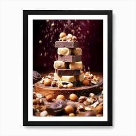 Chocolate And Nuts On A Wooden Table sweet food Art Print